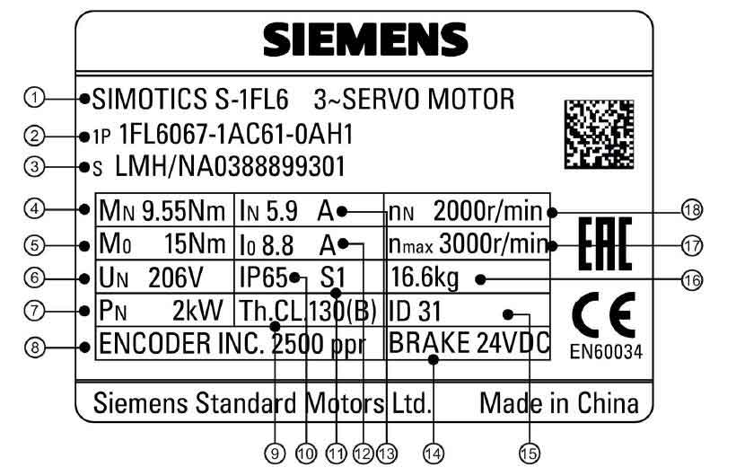 اطلاعات پلاک سروو موتور زیمنس SIMOTICS S-1FL6  -6