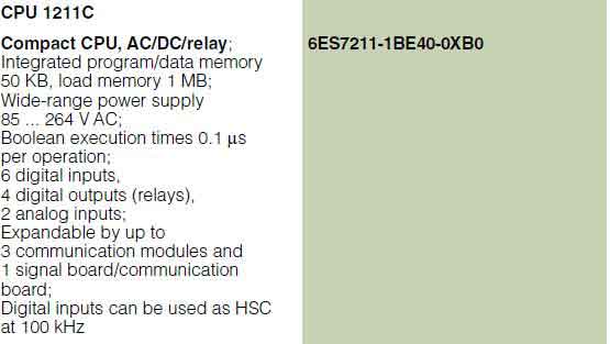 مشخصات CPU 1211C, AC/DC/Rly زیمنس