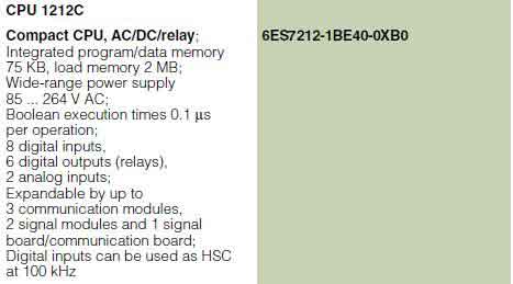 جدول CPU 1212C, AC/DC/Relay, 8DI/6DQ/2AI، با کد 6ES7212-1BE40-0XB0