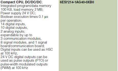 جدول CPU 1214C, DC/DC/DC, 14DI/10DQ/2AI، با کد 6ES7214-1AG40-0XB0