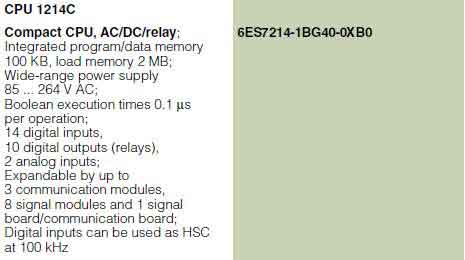 جدول CPU 1214C, AC/DC/Relay, 14DI/10DQ/2AI، با کد 6ES7214-1BG40-0XB0