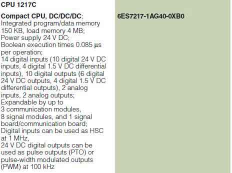 جدول CPU 1217C, DC/DC/DC,14DI/10DQ/2AI/2AQ، با کد 6ES7217-1AG40-0XB0