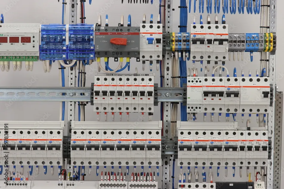 Contactors and relays on a DIN rail in the electrical panel